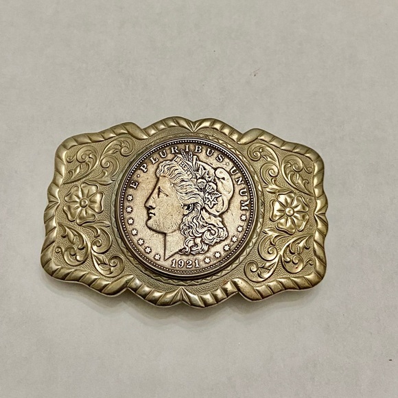 Antique 1921 Silver Morgan Dollar Coin Buckle 3.25in x 2.25in - Picture 8 of 10